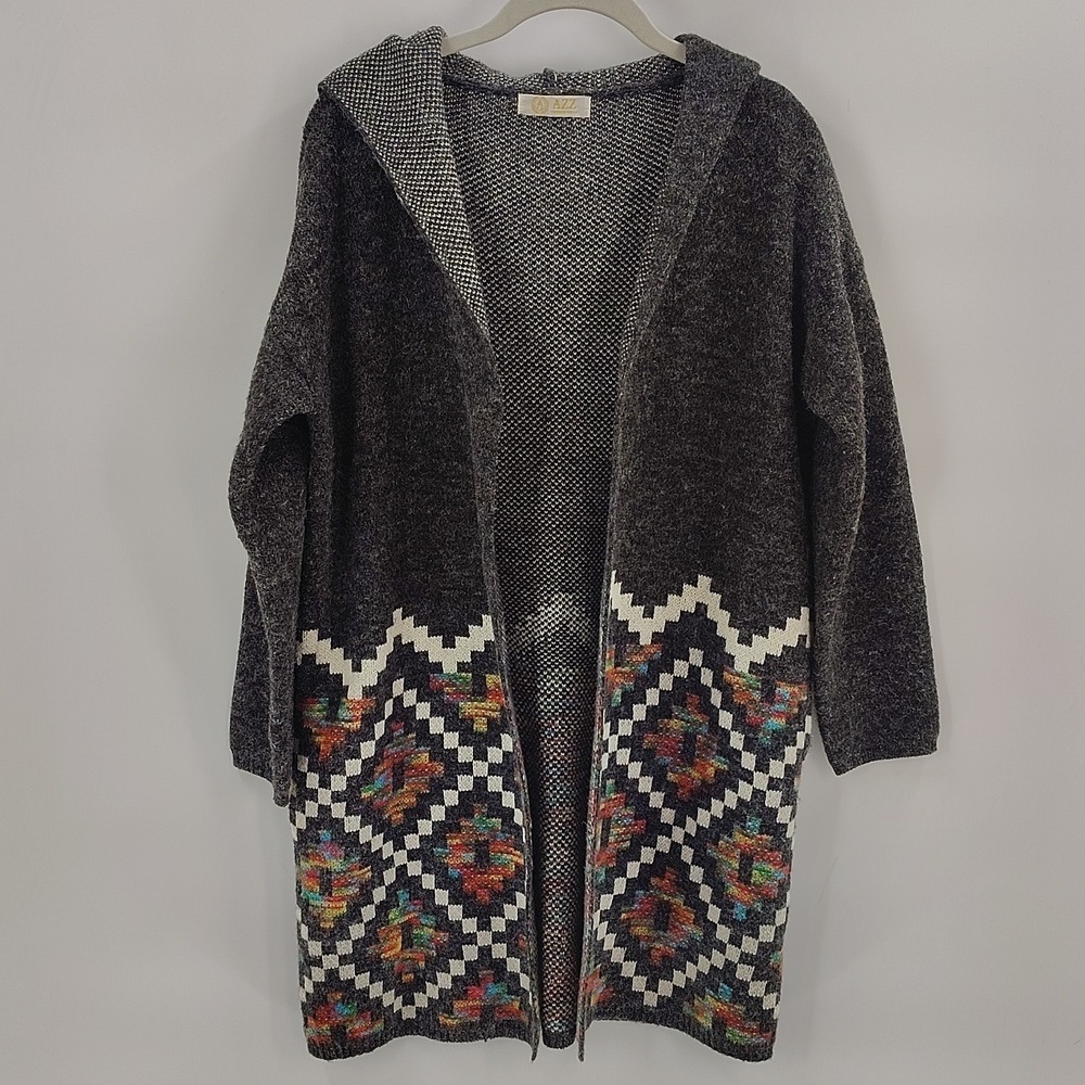 AZZ Open Cardigan Sweater Large Hood Multi Southwest Print Check Measurements